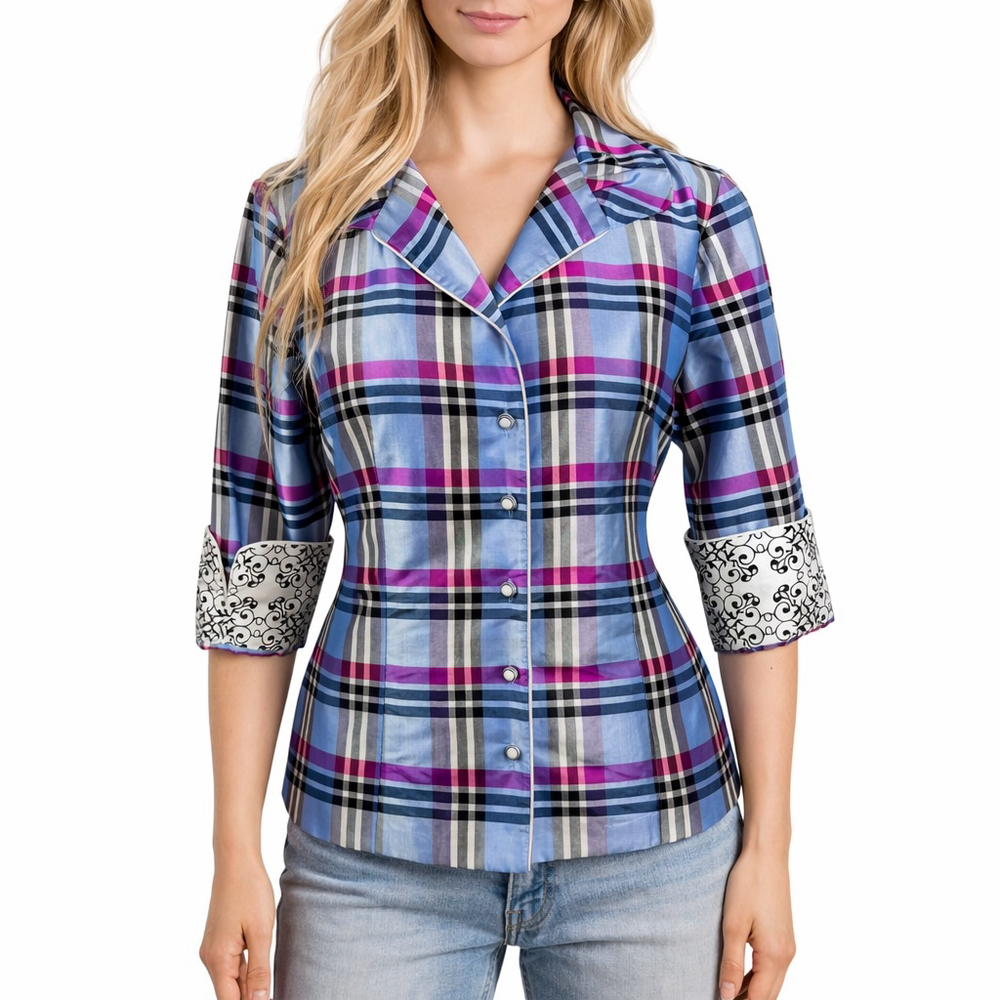 Marisa Baratelli Thai Silk Multi Plaid 3/4 Sleeve Button Tie Waist Shirt Size 14